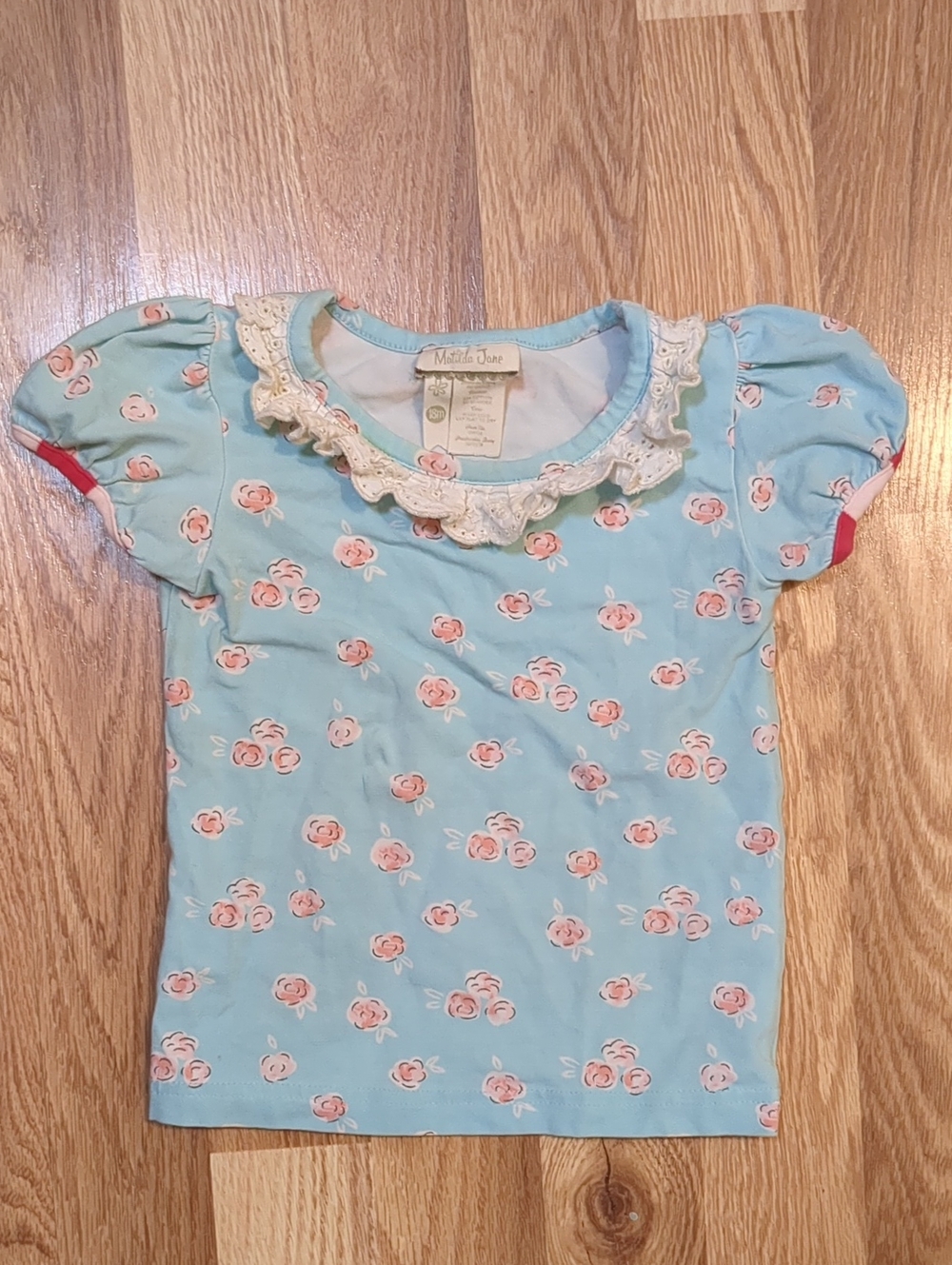 Matilda Jane Light Blue Tee with Pink Rose Print and Lace Collar